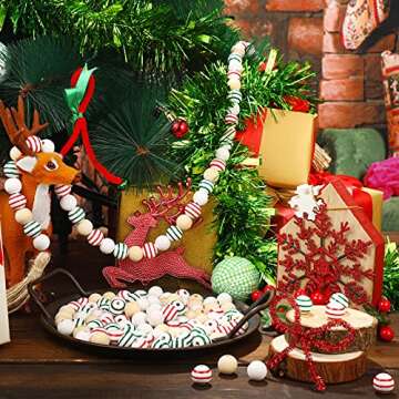 160 Pieces Christmas Wooden Beads Craft Wood Round Beads White Green Red Stripe Wood Beads Boho Farmhouse Natural Spacer Beads for Craft DIY Garland Christmas Tree Decor