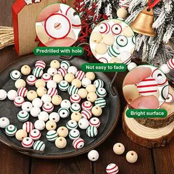 160 Pieces Christmas Wooden Beads Craft Wood Round Beads White Green Red Stripe Wood Beads Boho Farmhouse Natural Spacer Beads for Craft DIY Garland Christmas Tree Decor