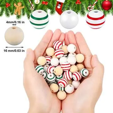 160 Pieces Christmas Wooden Beads Craft Wood Round Beads White Green Red Stripe Wood Beads Boho Farmhouse Natural Spacer Beads for Craft DIY Garland Christmas Tree Decor