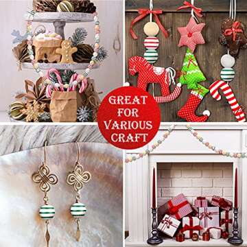 160 Pieces Christmas Wooden Beads Craft Wood Round Beads White Green Red Stripe Wood Beads Boho Farmhouse Natural Spacer Beads for Craft DIY Garland Christmas Tree Decor
