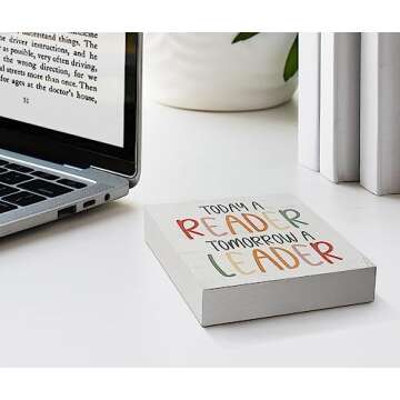 Nursery Today a Reader Tomorrow a Leader Wood Box Sign Desk Decor,Boho Reading Wooden Block Sign Decorations for Home Classroom Reading Nook Reading Room Wall Tabletop Shelf Decor