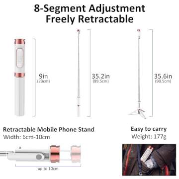 Aluminum Alloy Selfie Stick Tripod with Remote, Foldable Travel Tripod Stand 270 Rotation Compatible with iPhone/Android/Go Pro Camera