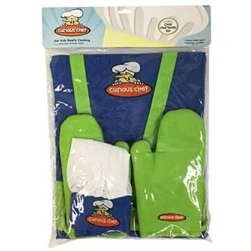 Curious Chef 4-Piece Child Textile Set for Kids and Toddlers, Blue and Green Child-Sized Apron, Oven...