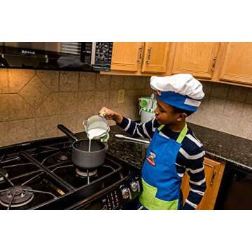 Curious Chef 4-Piece Child Textile Set for Kids and Toddlers, Blue and Green Child-Sized Apron, Oven Mitts and Chef’s Hat, Real Kitchen Wear Cooking Kit