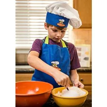 Curious Chef 4-Piece Child Textile Set for Kids and Toddlers, Blue and Green Child-Sized Apron, Oven Mitts and Chef’s Hat, Real Kitchen Wear Cooking Kit
