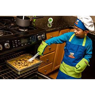 Curious Chef 4-Piece Child Textile Set for Kids and Toddlers, Blue and Green Child-Sized Apron, Oven Mitts and Chef’s Hat, Real Kitchen Wear Cooking Kit