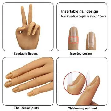 Silicone Practice Hand for Acrylic Nails, Flexible Bendable Female Mannequin Life Size Practice Hand with Stand for Nails Practice Nail Art Tools (3#-Right hand)