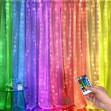 FUNPENY 300 LED Window Curtain Lights, 4 Lighting Modes Fairy Copper Lights with Remote, USB Powered RGB Color Changing String Icicle Lights for Indoor Outdoor Christmas Wedding Party Decor