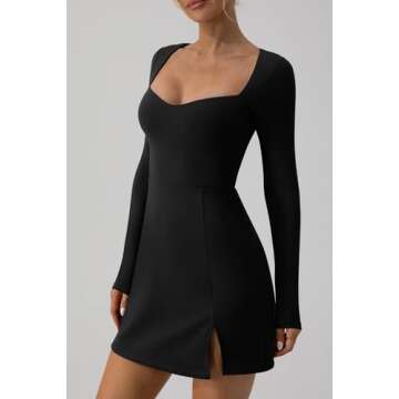 QINSEN Long Sleeve Dress for Women Sexy Sweetheart High Waist Flare Mini Dress Clubwear Black S