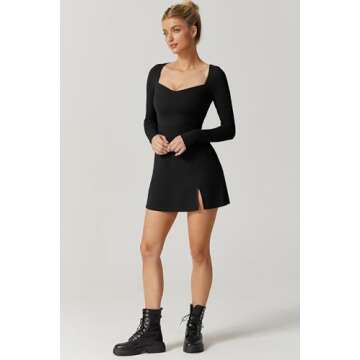 QINSEN Long Sleeve Dress for Women Sexy Sweetheart High Waist Flare Mini Dress Clubwear Black S
