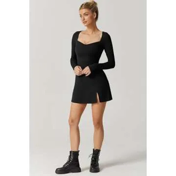 QINSEN Long Sleeve Dress for Women Sexy Sweetheart High Waist Flare Mini Dress Clubwear Black S