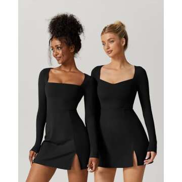 QINSEN Long Sleeve Dress for Women Sexy Sweetheart High Waist Flare Mini Dress Clubwear Black S