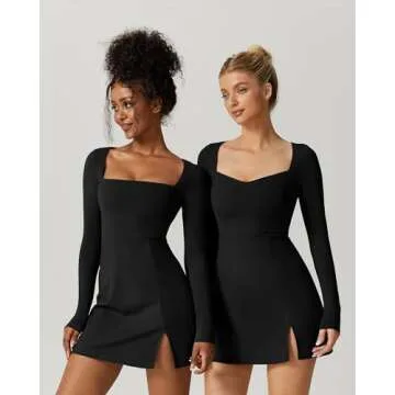 QINSEN Long Sleeve Dress for Women Sexy Sweetheart High Waist Flare Mini Dress Clubwear Black S