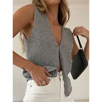Women Crochet Knit Vest Solid Hollow Out Button Down V Neck Sleeveless Crop Tops Vintage Casual Versatile Streetwear B Gray