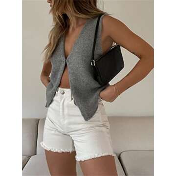 Women Crochet Knit Vest Solid Hollow Out Button Down V Neck Sleeveless Crop Tops Vintage Casual Versatile Streetwear B Gray