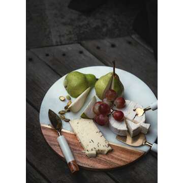 Stylish Wood Marble Cheese Board with Cutlery