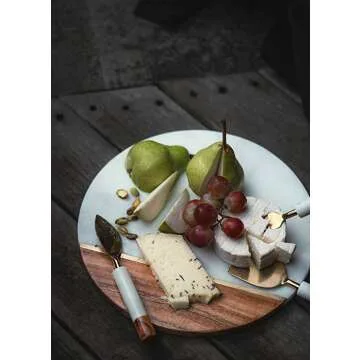 Stylish Wood Marble Cheese Board with Cutlery