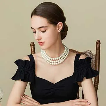 BABEYOND Round Imitation Pearl Necklace Vintage Multi Strands Choker Necklace 20s Flapper Necklace for Party (Style1)