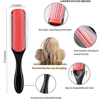 13PCS Detangling Brush Set for Curly Hair with 9 Row Cushion Nylon Bristle, Rat Tail Comb Styling Edge Brush Set Include scalp scrubber，Afro American Type 3a-4c Wavy Natural Thick Thin Wet Dry Hair……
