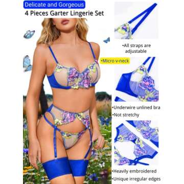 Kaei&Shi Garter Belt Lingerie Set,Underwire Floral Embroidered 4 Piece Sexy Lingerie for Women,Thigh Band Matching Thong Lingerie Boudoir Royal Blue Large
