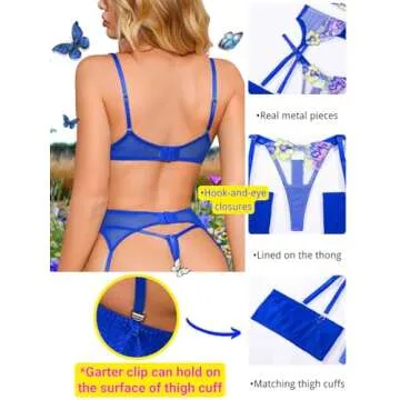 Kaei&Shi Garter Belt Lingerie Set,Underwire Floral Embroidered 4 Piece Sexy Lingerie for Women,Thigh Band Matching Thong Lingerie Boudoir Royal Blue Large