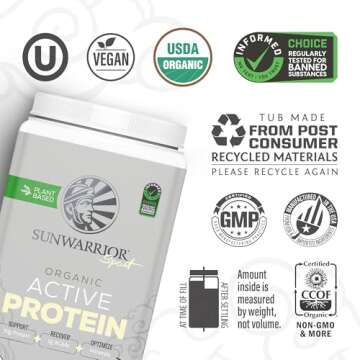Sunwarrior Vegan Protein Powder Plant-Based USDA Organic BCAAs | Sugar, Gluten, Dairy Free Non-GMO | Vanilla Flavored 20 Servings | Sport Active