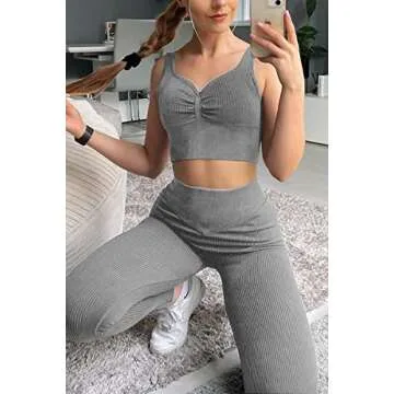 Mulisky Workout Sets for Women 2 Pieces Ribbed Seamless Yoga Sports Bra with High Waist Leggings Yoga Outfits Grey M