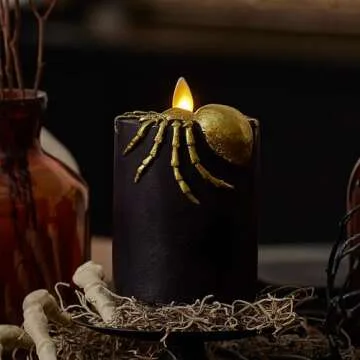Luminara Black and Gold Spider Flameless LED Candle, Flat Top Moving Flame Pillar, Real Unscented Wax and Timer (3" x 4.5")
