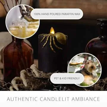Luminara Black and Gold Spider Flameless LED Candle, Flat Top Moving Flame Pillar, Real Unscented Wax and Timer (3" x 4.5")