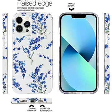 J.west Floral iPhone 13 Pro Max Case, Soft TPU Design, Shockproof Bumper for Women & Girls - 6.7" Blue