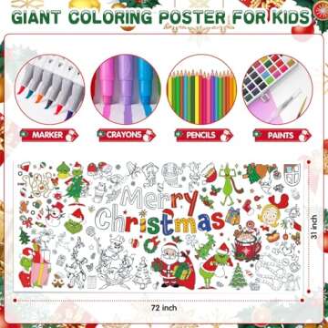 Christmas Crafts Giant Coloring Poster for Kids - 72 x 31 Inches Jumbo Paper Tablecloth Christmas Banner | Table Cover Gifts Toys for Boys Girls Classroom Party Games Activity Christmas Decorations