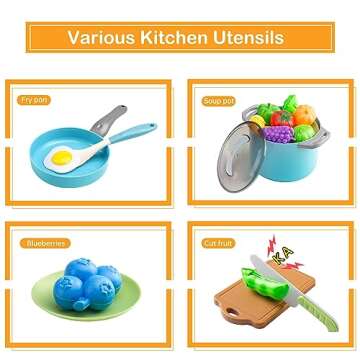 JokerKing 35Pcs Kids Kitchen Toy Accessories, Toddler Pretend Cooking Playset with Play Pots and Pans, Utensils Cookware Toys, Play Food Set, Toy Vegetables, Learning Gift for Girls Boys (Turquoise)