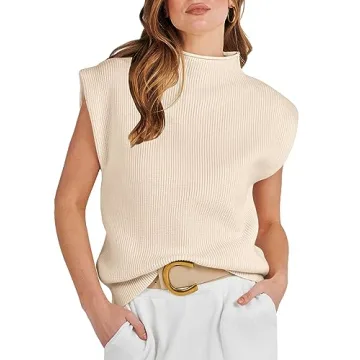 ANRABESS Women's Mock Neck Sleeveless Sweater Vest Casual Cap Sleeve Knit Pullover Tank Tops 2024 Fa...