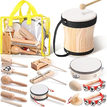 Chumia Kids Musical Instruments Set Wooden Percussion Instruments for Toddlers 13 Pcs Educational Mu...