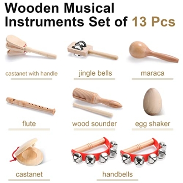 Chumia Kids 13 Pcs Wooden Musical Instruments Set for Toddlers