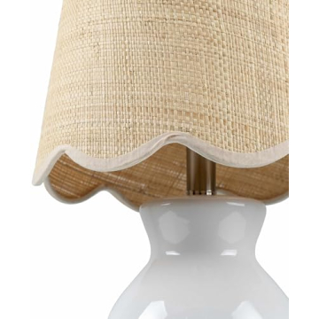 BoutiqueRugs Salgareda Boho Ceramic and Jute Bedside Table Lamp for Bedroom Nightstand - End Side Lighting for Living Room - Shade Rattan - White, Beige - 15" H