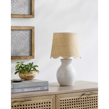 BoutiqueRugs Salgareda Boho Ceramic and Jute Bedside Table Lamp for Bedroom Nightstand - End Side Lighting for Living Room - Shade Rattan - White, Beige - 15" H