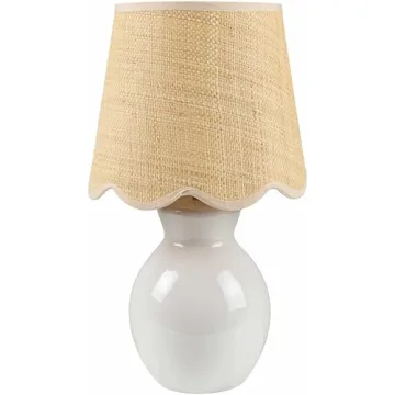 BoutiqueRugs Salgareda Boho Ceramic and Jute Bedside Table Lamp for Bedroom Nightstand - End Side Lighting for Living Room - Shade Rattan - White, Beige - 15" H