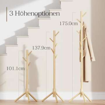 Pipishell Adjustable Wooden Coat Rack for Home and Office