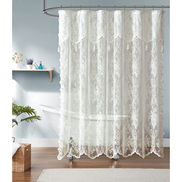 Warm Home Designs Ivory Lace Shower Curtain 108 x 72 Inches with Attached Valance & 10 Tassels. Luxu...