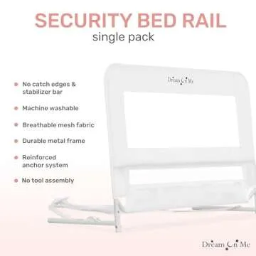 Dream On Me Lightweight Mesh Security Adjustable Bed Rail for Toddler, Breathable Mesh Fabric, Suitable for All Types Of Beds, Reinforced Anchor System Bed Guard Rail, White