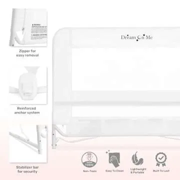Dream On Me Lightweight Mesh Security Adjustable Bed Rail for Toddler, Breathable Mesh Fabric, Suitable for All Types Of Beds, Reinforced Anchor System Bed Guard Rail, White