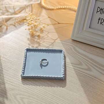 VINCOMIC Ceramic Ring Trinket Dish with Handmade Braid Edges-Square Jewery Tray for Rings,Blue,Vanlentine's Day Mother's Day Chritsmas for Women