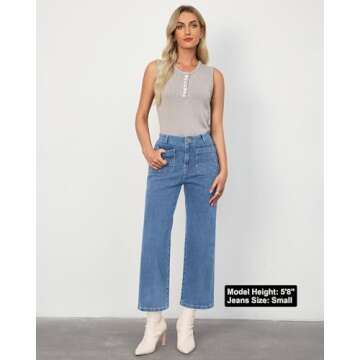 LookbookStore Stretchy Jeans for Women Baggy Pants Women Cropped Wide Leg Jeans Blue Jeans for Women High Waisted Womens Jeans Stretchy Womens Baggy Jeans Medium Blue Size Small