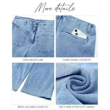 LookbookStore Stretchy Jeans for Women Baggy Pants Women Cropped Wide Leg Jeans Blue Jeans for Women High Waisted Womens Jeans Stretchy Womens Baggy Jeans Medium Blue Size Small