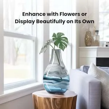 Torre & Tagus Andrea Mouth Blown Glass Vase for Home Decor - 14" Tall Large Blue Glass Vase for Centerpiece, Handmade Blue Vases for Decor in Coastal Living Room, Entryway, Bedroom