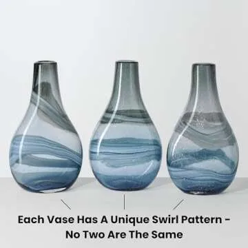 Torre & Tagus Andrea Mouth Blown Glass Vase for Home Decor - 14" Tall Large Blue Glass Vase for Centerpiece, Handmade Blue Vases for Decor in Coastal Living Room, Entryway, Bedroom