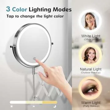Rechargeable Wall Mounted Makeup Mirror - 8 Inch Double Sided 1X/10X Magnifying Mirror with 3 Color Lights Dimmable Touch Screen, 360°Swivel 19.6 Inch Extendable Accordion Bathroom Mirror - Chrome