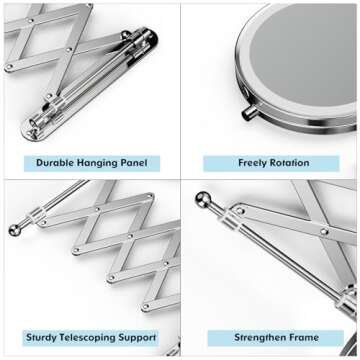 Rechargeable Wall Mounted Makeup Mirror - 8 Inch Double Sided 1X/10X Magnifying Mirror with 3 Color Lights Dimmable Touch Screen, 360°Swivel 19.6 Inch Extendable Accordion Bathroom Mirror - Chrome