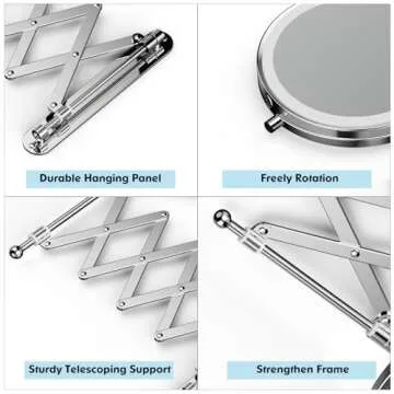 Rechargeable Wall Mounted Makeup Mirror - 8 Inch Double Sided 1X/10X Magnifying Mirror with 3 Color Lights Dimmable Touch Screen, 360°Swivel 19.6 Inch Extendable Accordion Bathroom Mirror - Chrome